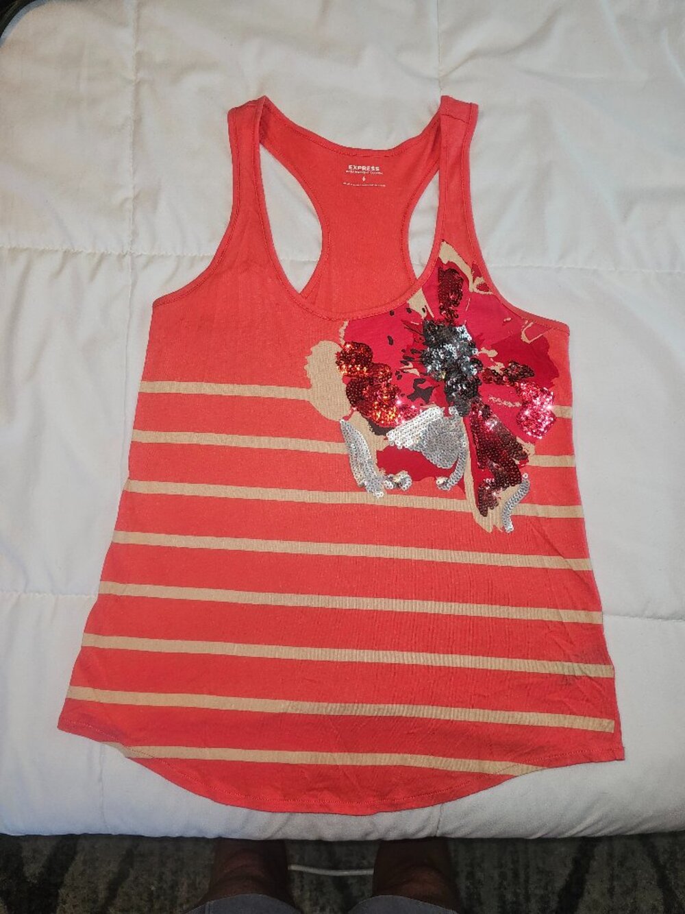 Express One Eleven S Coral Floral Sequin Racerback Tank